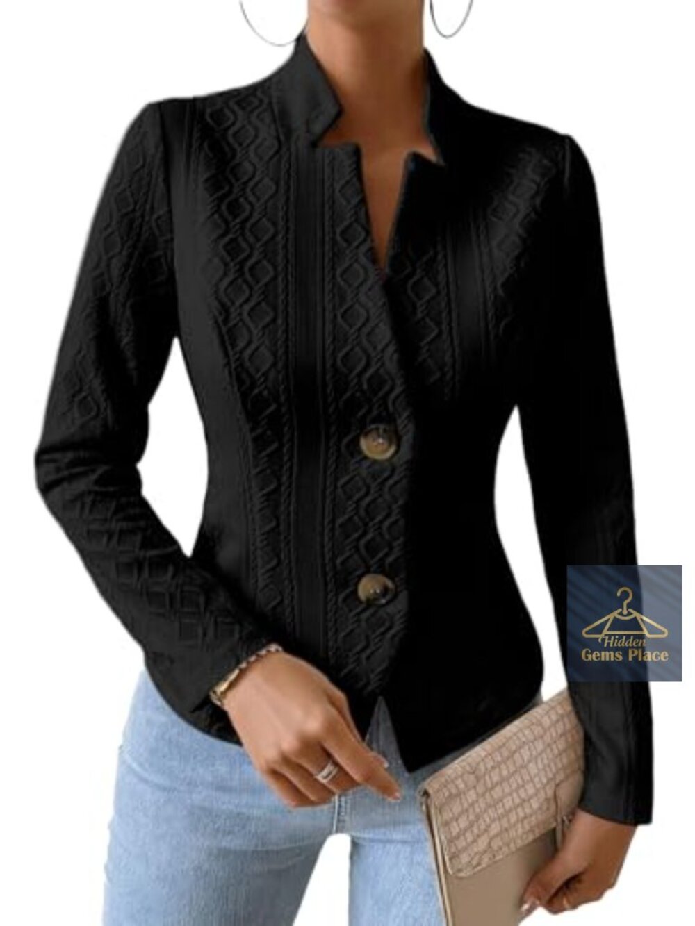 Womens Jacquard Knit Blazer Jacket Slim Fit Office Work Coat - Picture 6 of 7